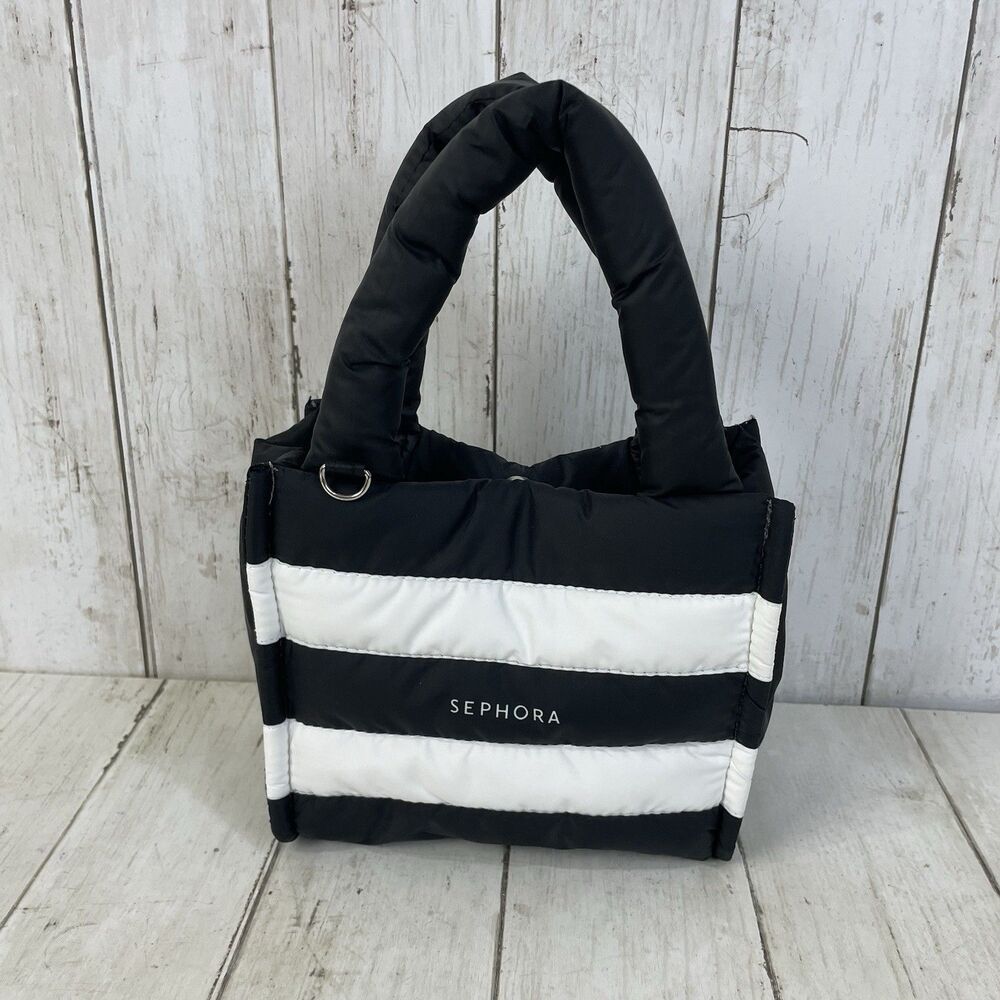 Sephora MINI PUFFY TOTE 2025 Limited Edition Black White Stripe Reusable Bag NWT